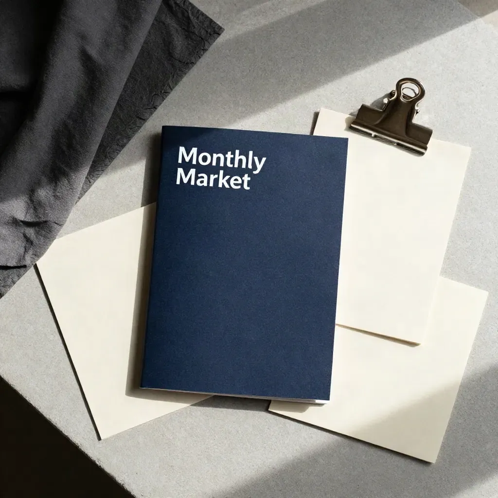 Overhead flatlay of a market brief booklet, note cards, slate cloth and metal clip on concrete.