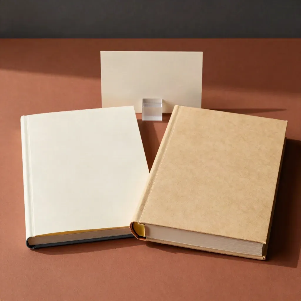 Two blank guide booklets crossed beside brass and acrylic on a terracotta surface