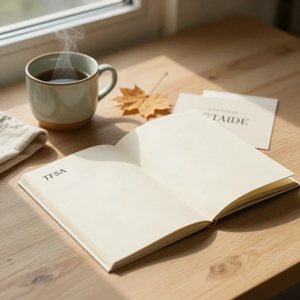 TFSA guide booklet beside a ceramic cup, linen napkin, and maple branch on wood.